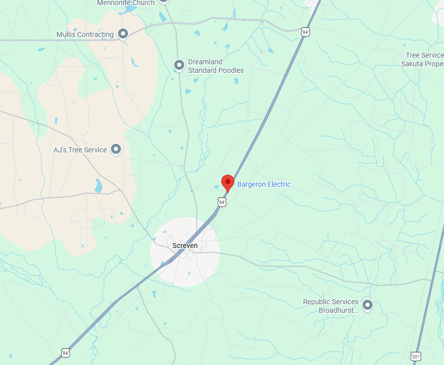Map displaying Bargeron Electric near Screven, GA, with nearby Dreamland Standard Poodles, Republic Services Broadhurst, and tree services.