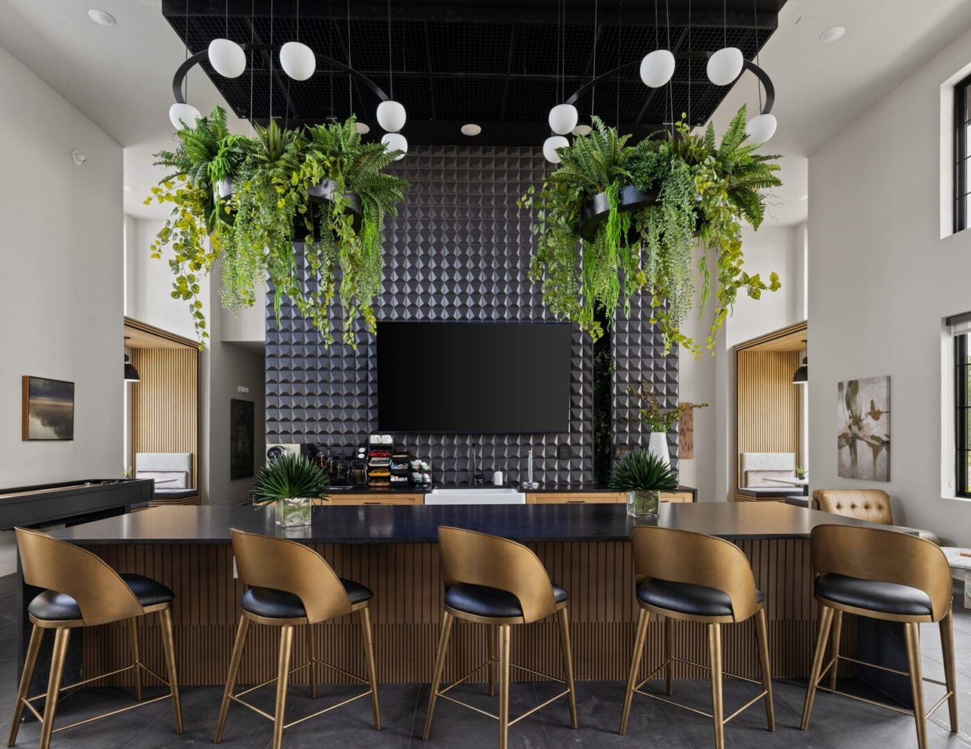 Modern lounge with a long bar, five gold-black barstools, hanging plants, textured wall, TV, and sunlight through tall windows.